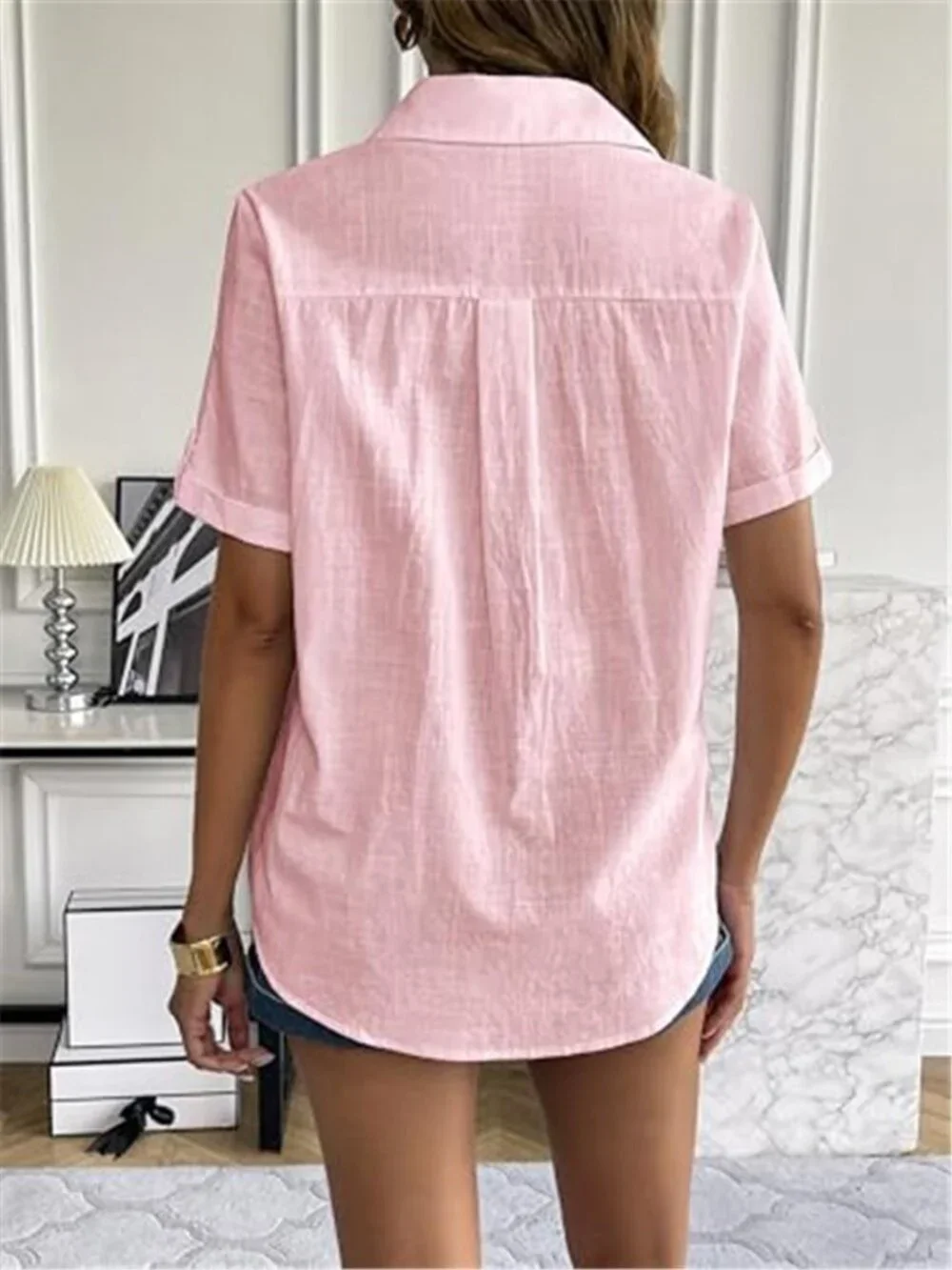 Womens Cotton Button Down Shirt Short Sleeve Collared Linen Look Blouse Top
